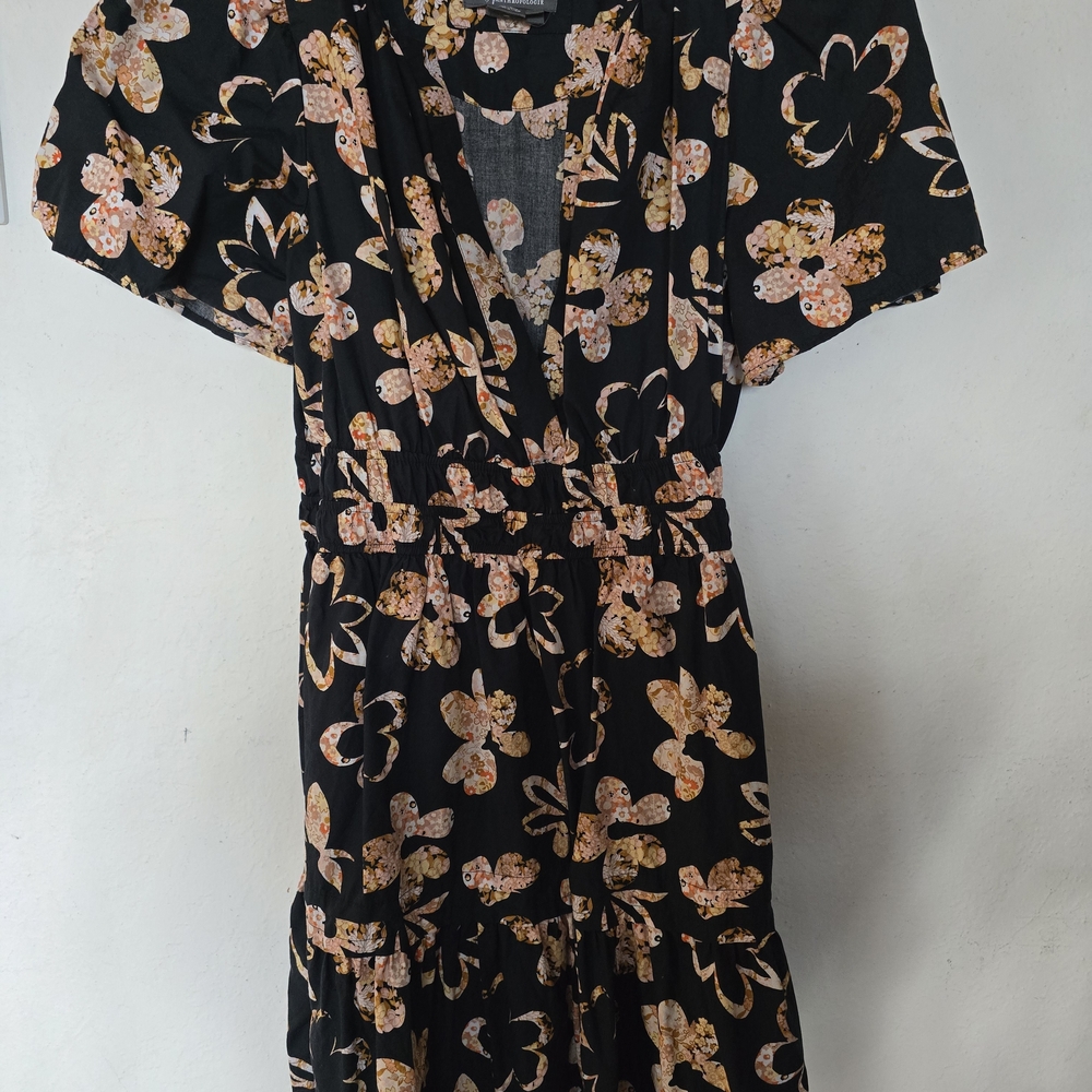 Anthropologie Black Floral Mini Dress with Peach and Cream Accents